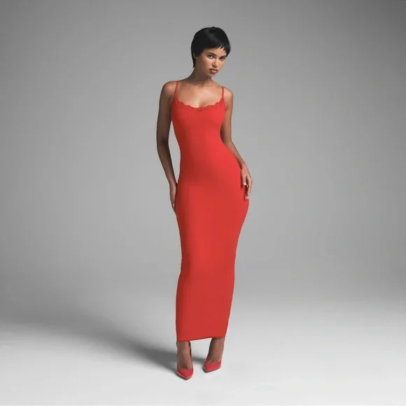SKIMS | Dresses | Skims Fits Everybody Lace Long Slip Dress Cayenne S M |  Poshmark